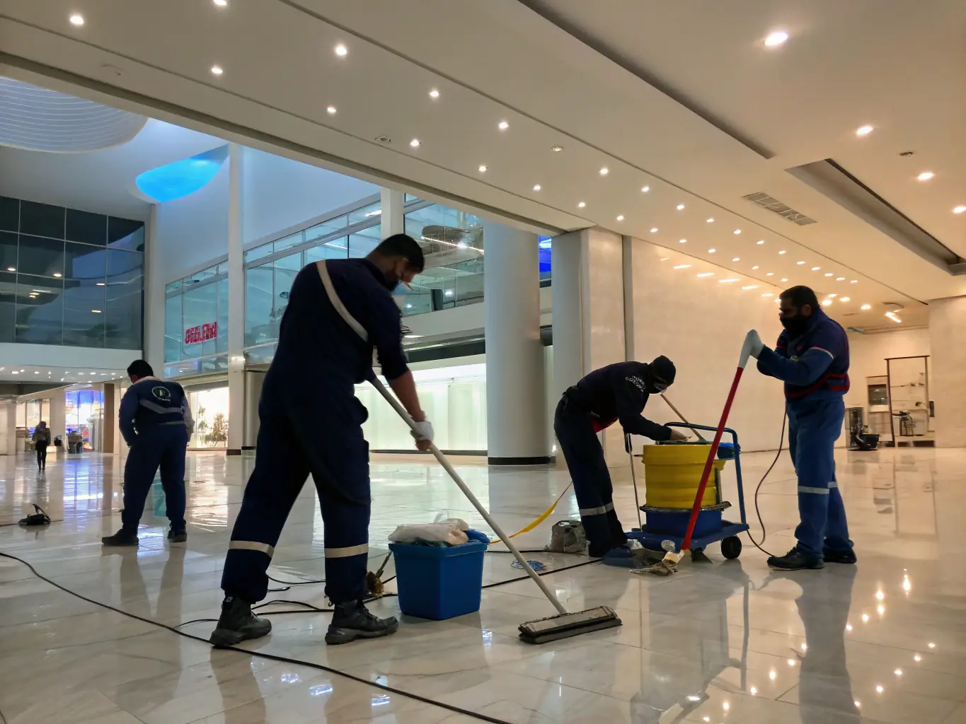 A team of professional cleaners working together to clean a kitchen in a modern apartment, emphasizing teamwork and efficiency.
