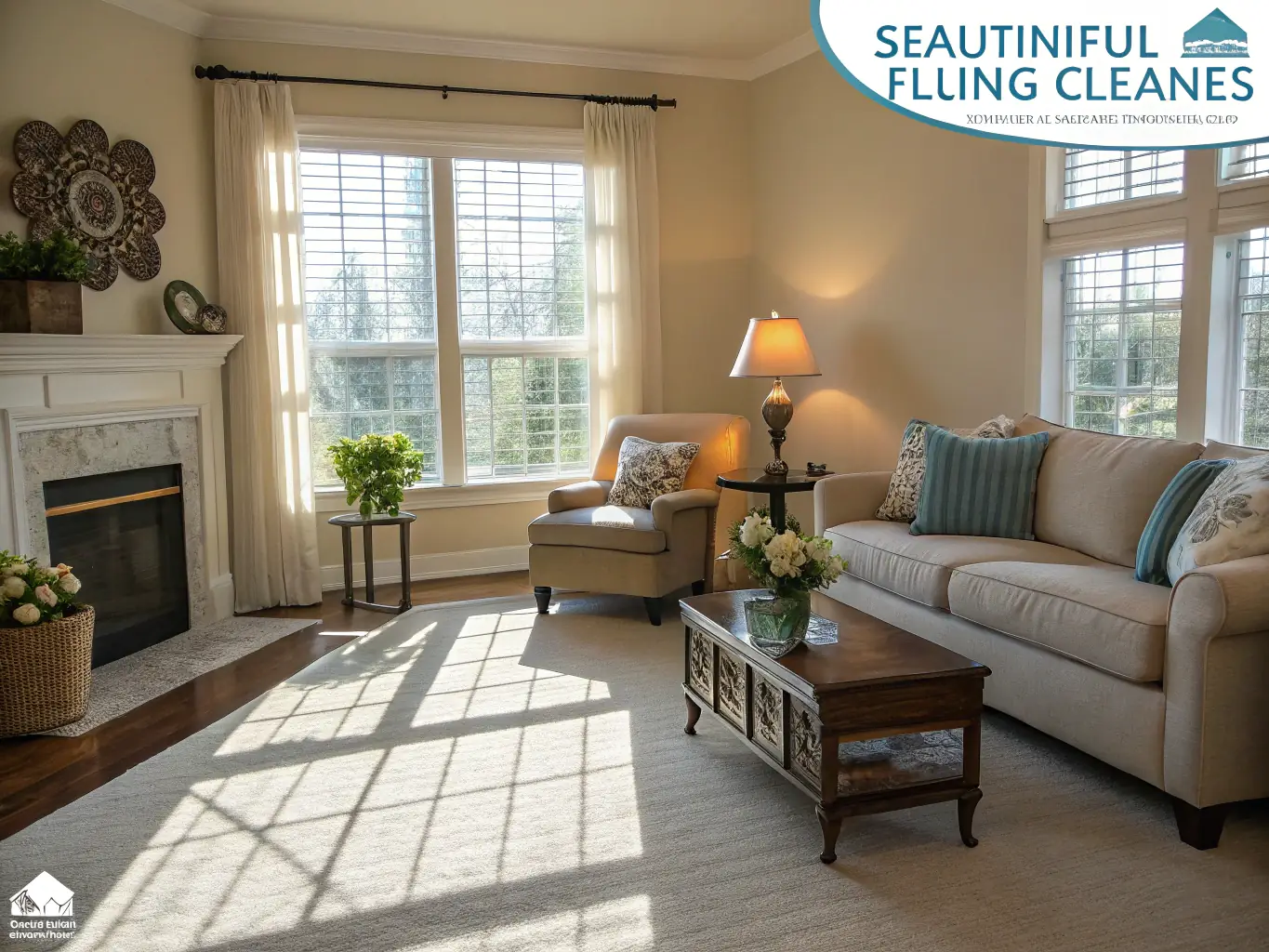 A bright and clean living room with sunlight streaming through the windows, showcasing the results of a professional bond cleaning service.