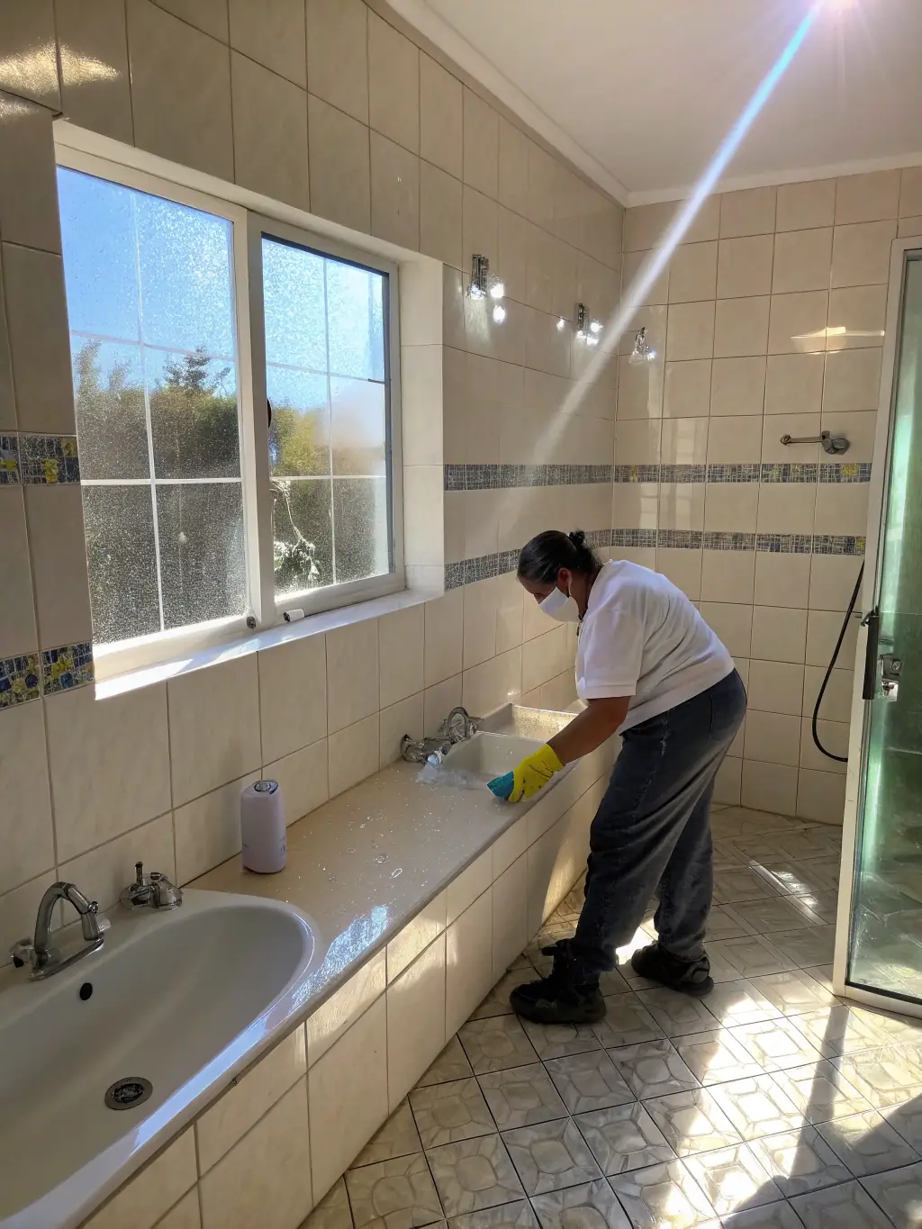 A bright and airy bathroom after a professional end-of-lease cleaning, featuring a clean shower, toilet, and sink, highlighting the thoroughness of BrisbaneBondCleaners' bathroom cleaning services.